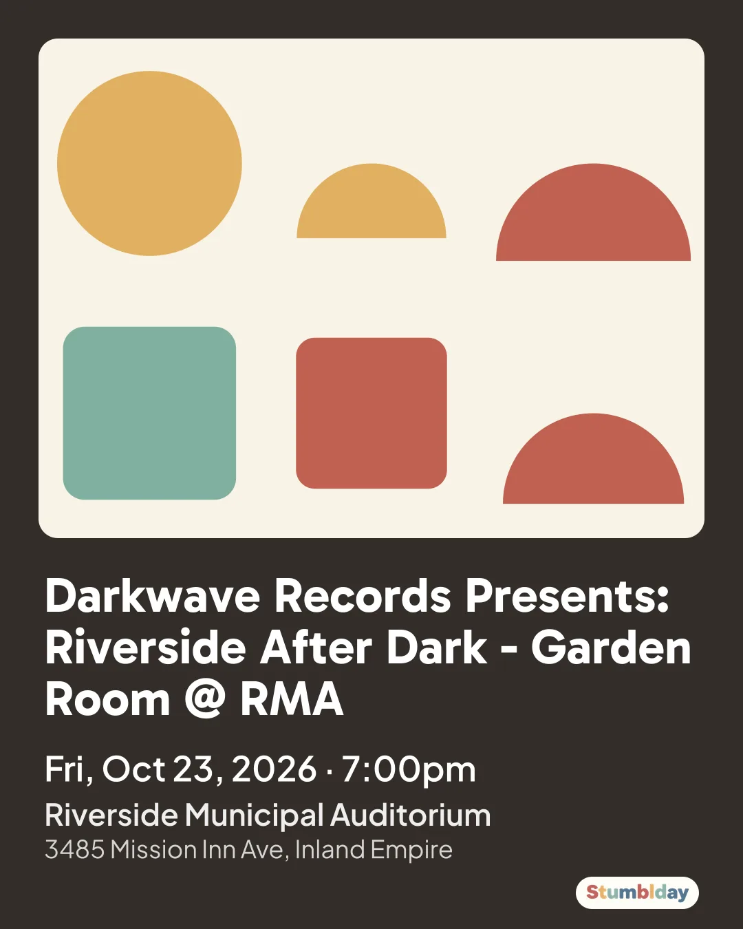 Flyer for Darkwave Records Presents: Riverside After Dark - Garden Room @ RMA: Fri, Oct 23, 2026 · 7:00pm at Riverside Municipal Auditorium