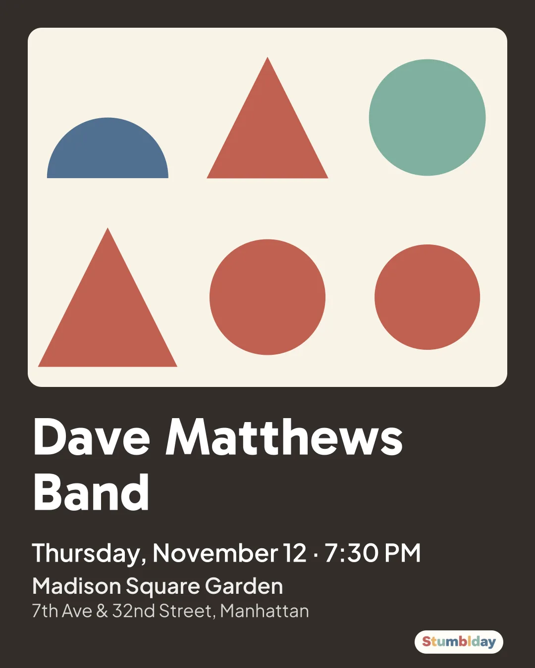 Flyer for Dave Matthews Band: Thursday, November 12 · 7:30 PM at Madison Square Garden