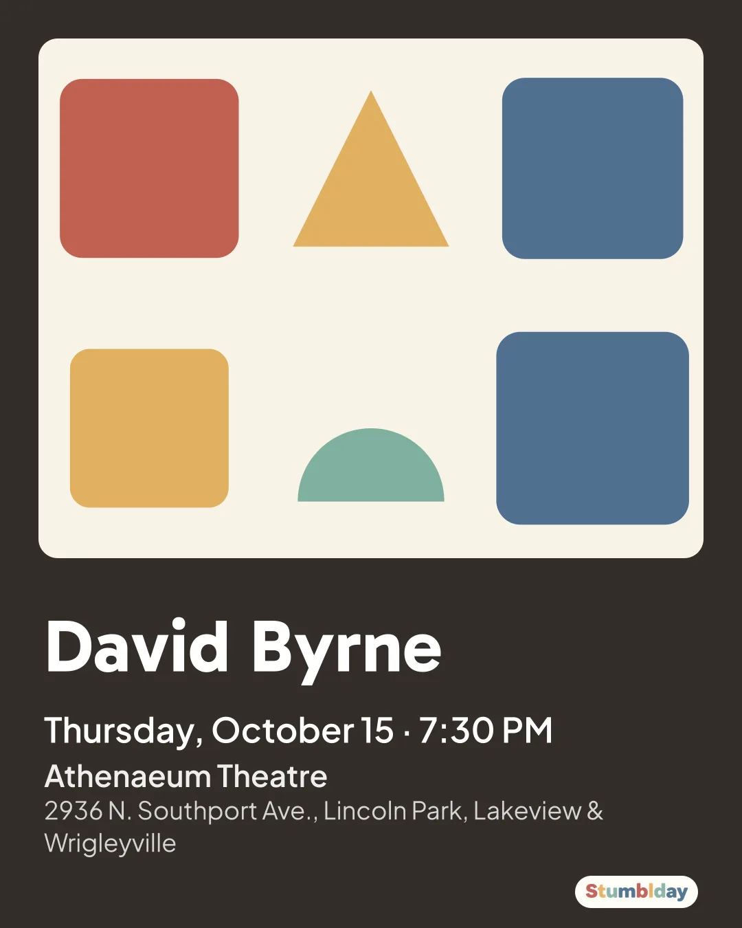 Flyer for David Byrne: Thursday, October 15 · 7:30 PM at Athenaeum Theatre
