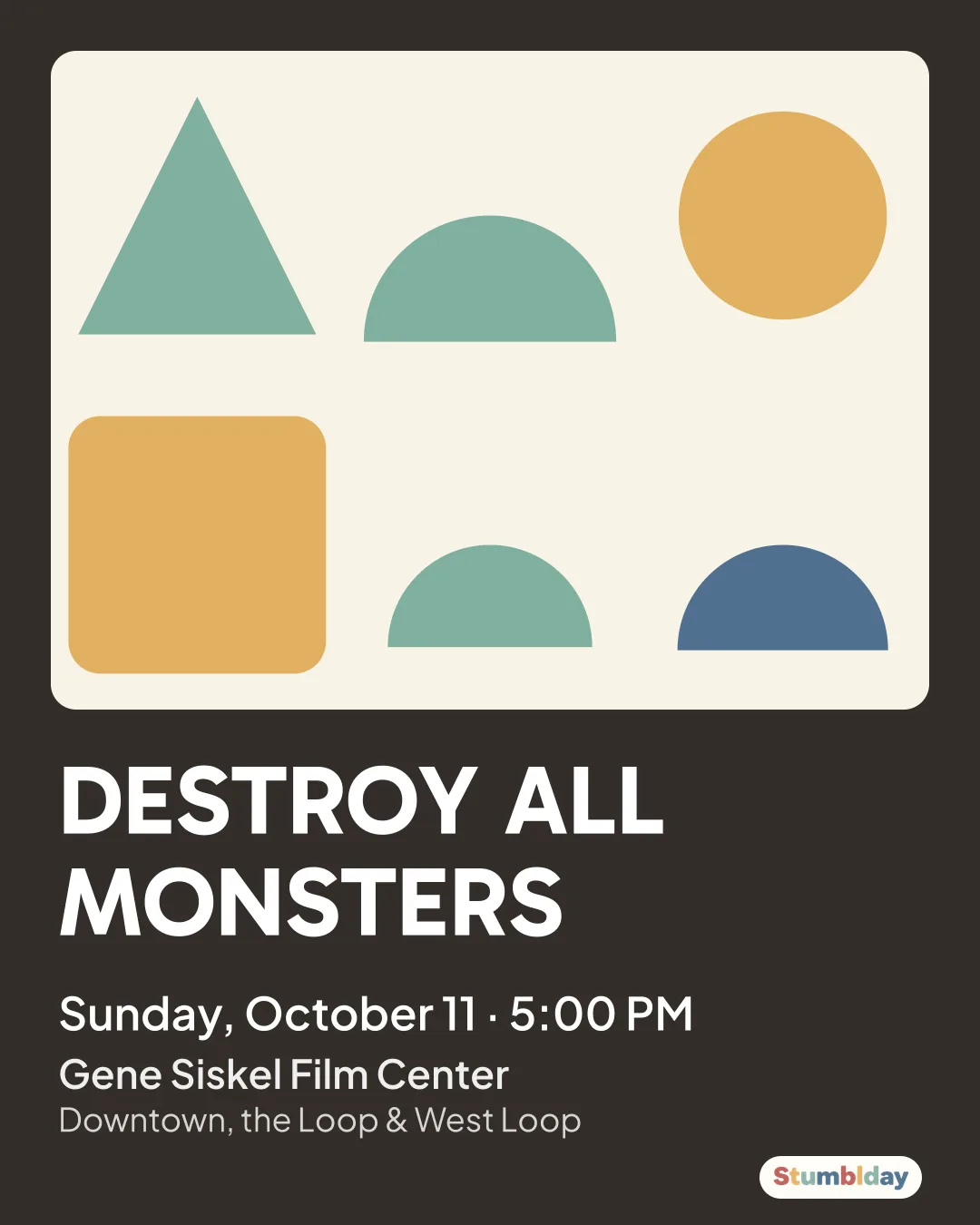 Flyer for DESTROY ALL MONSTERS: Sunday, October 11 · 5:00 PM at Gene Siskel Film Center