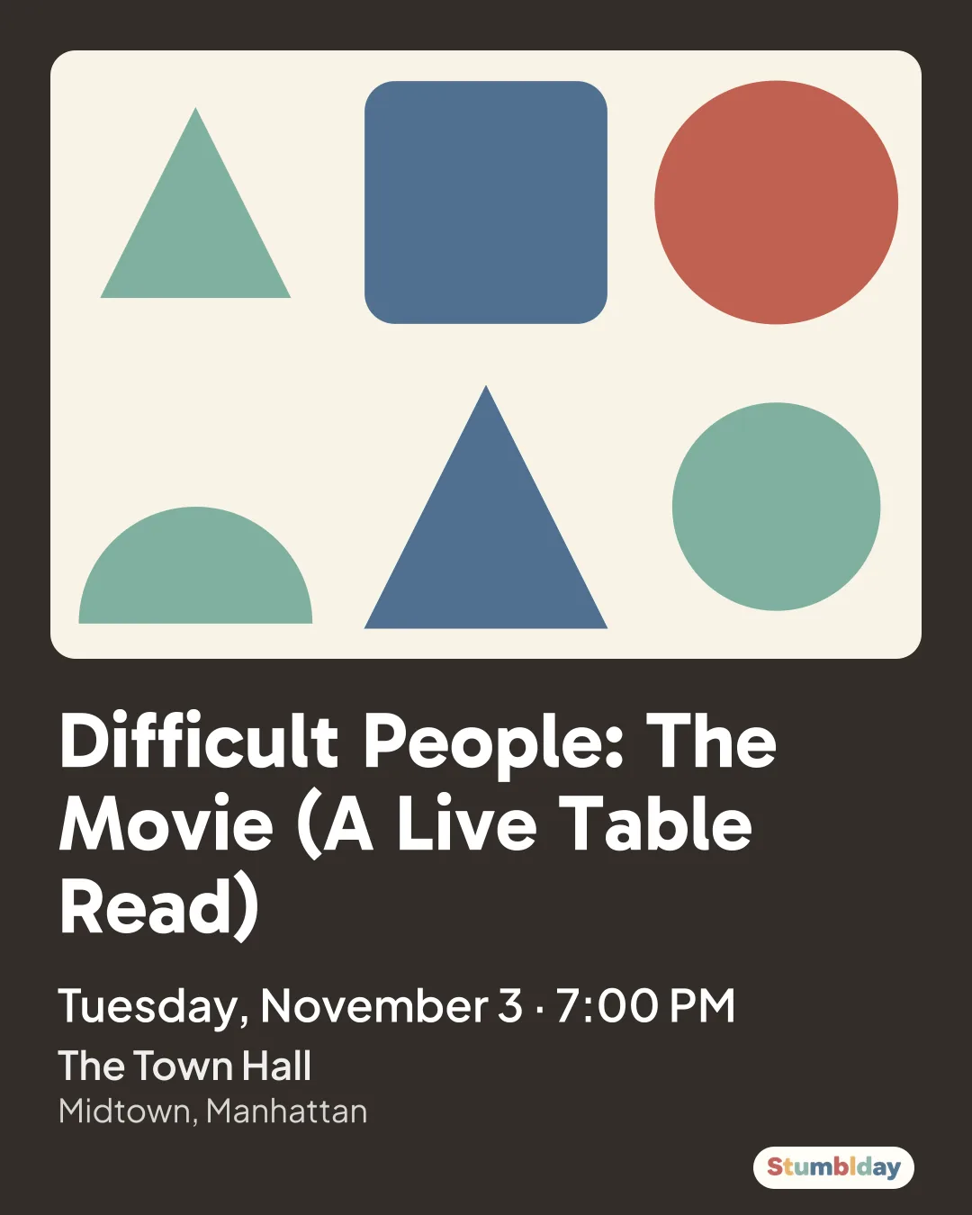 Flyer for Difficult People: The Movie (A Live Table Read): Tuesday, November 3 · 7:00 PM at The Town Hall
