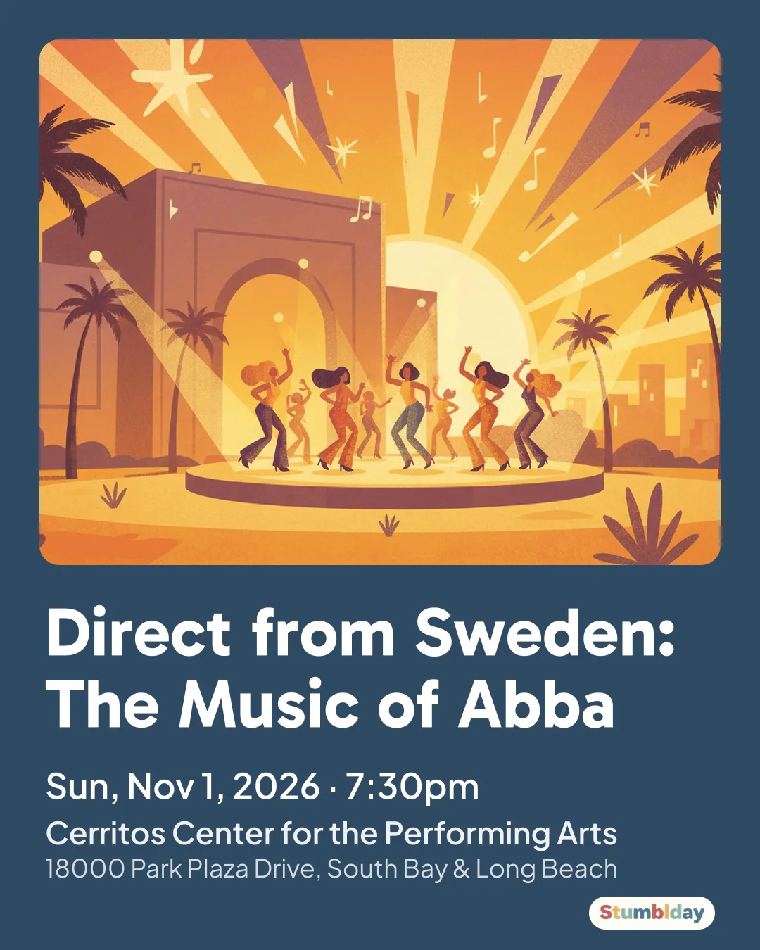 Flyer for Direct from Sweden: The Music of Abba: Sun, Nov 1, 2026 · 7:30pm at Cerritos Center for the Performing Arts