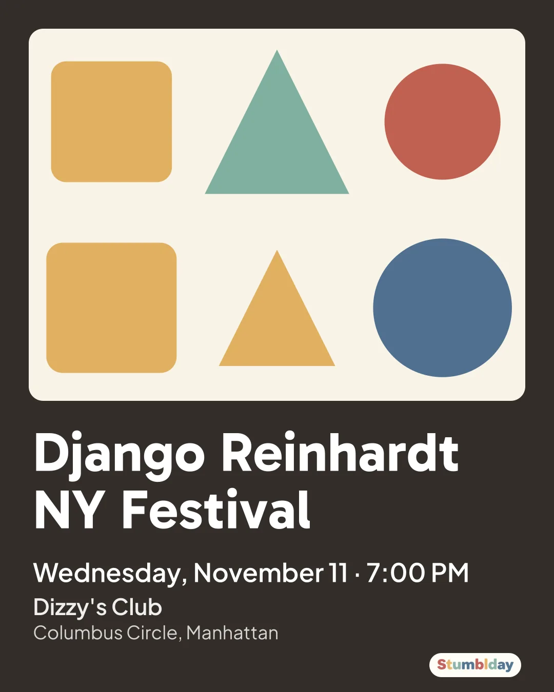 Flyer for Django Reinhardt NY Festival: Wednesday, November 11 · 7:00 PM at Dizzy's Club