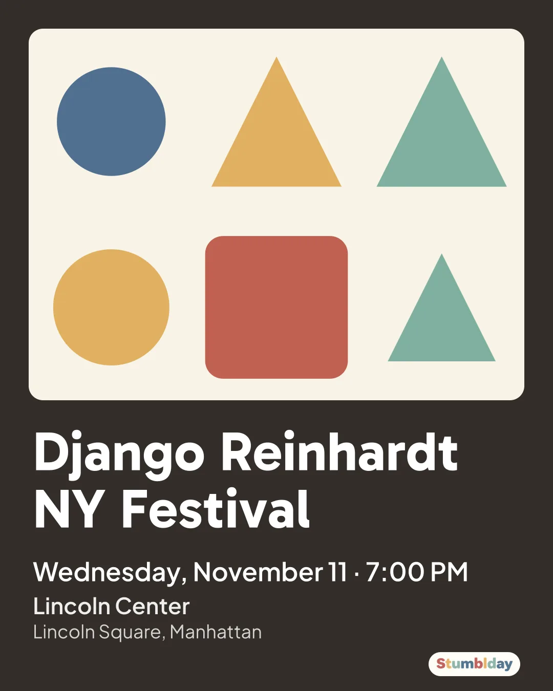 Flyer for Django Reinhardt NY Festival: Wednesday, November 11 · 7:00 PM at Lincoln Center