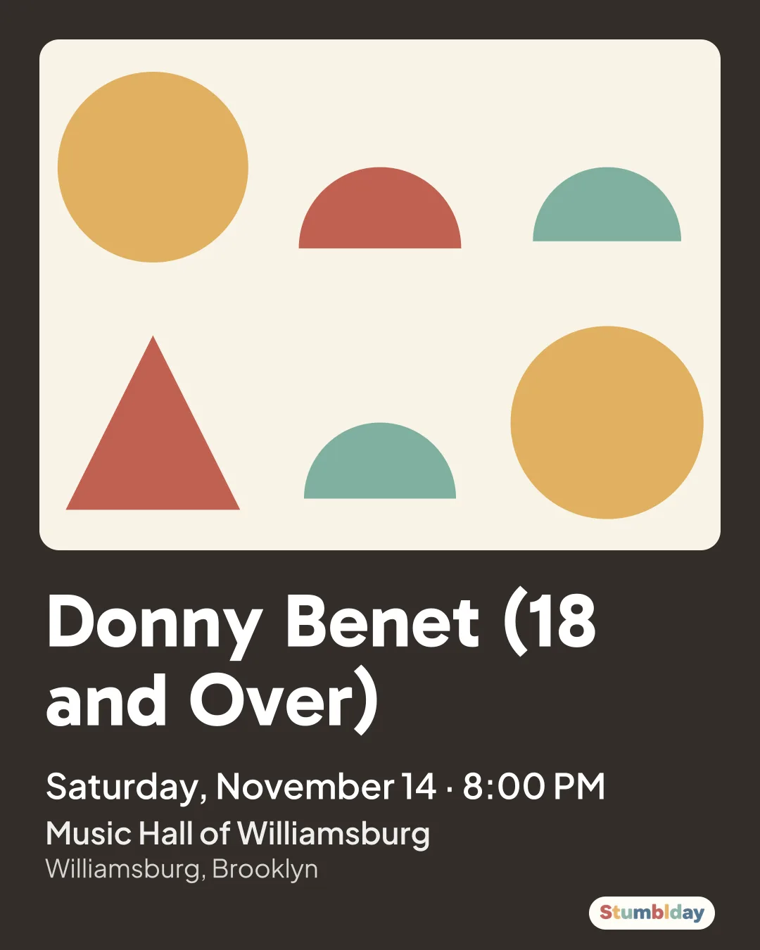 Flyer for Donny Benet (18 and Over): Saturday, November 14 · 8:00 PM at Music Hall of Williamsburg