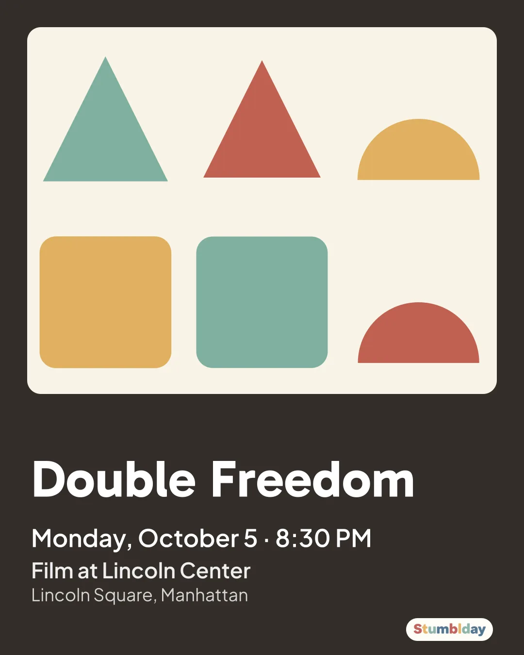 Flyer for Double Freedom: Monday, October 5 · 8:30 PM at Film at Lincoln Center