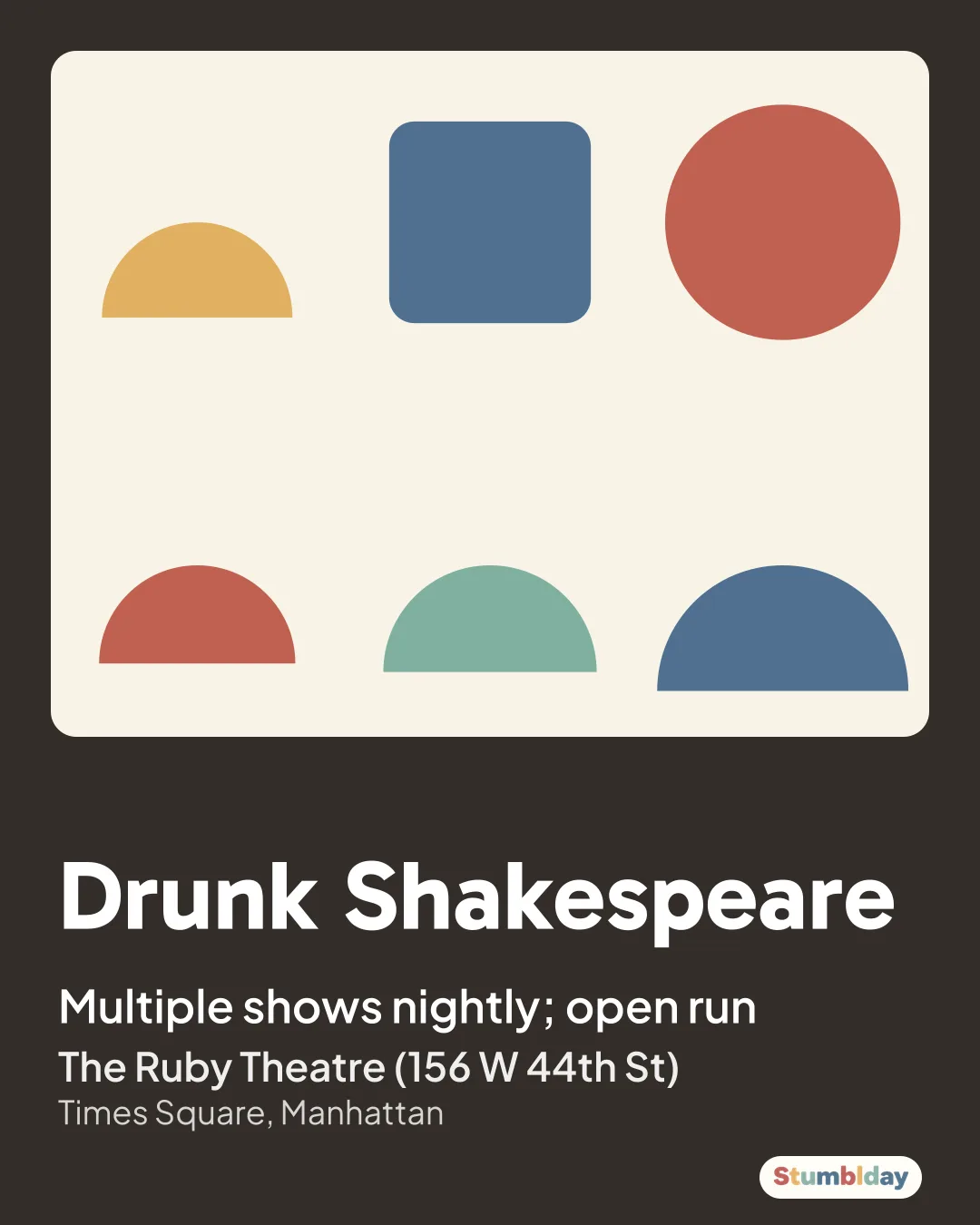 Flyer for Drunk Shakespeare: Multiple shows nightly; open run at The Ruby Theatre (156 W 44th St)