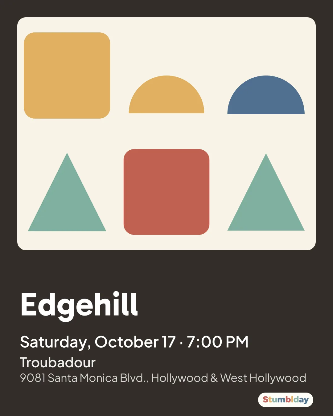Flyer for Edgehill: Saturday, October 17 · 7:00 PM at Troubadour