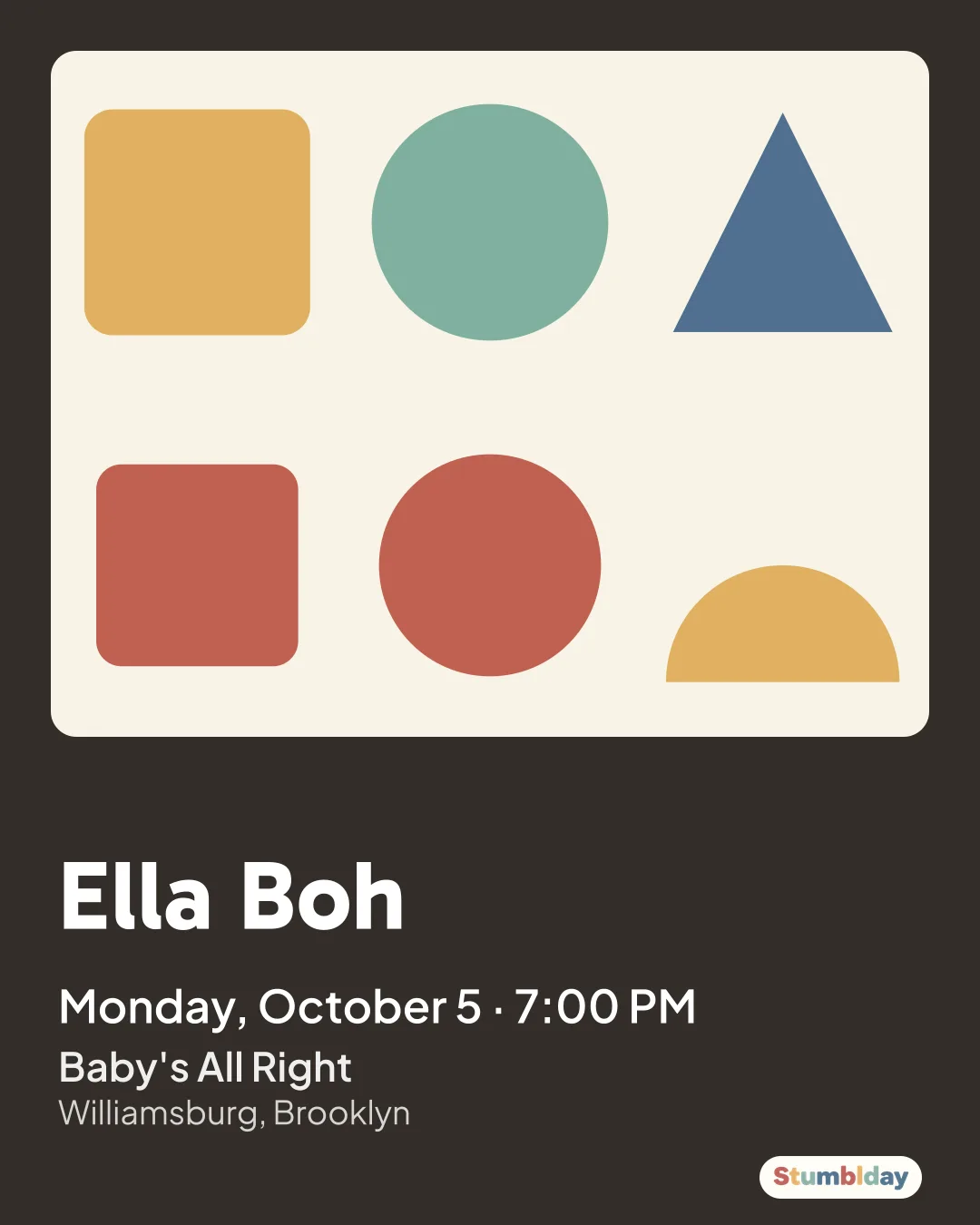 Flyer for Ella Boh: Monday, October 5 · 7:00 PM at Baby's All Right