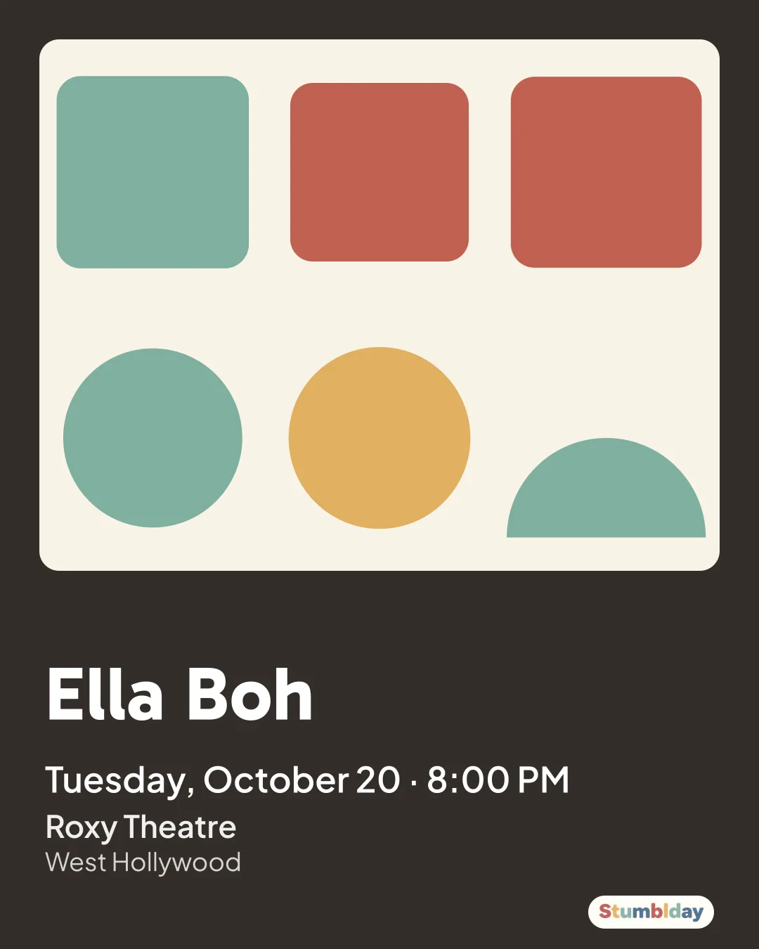 Flyer for Ella Boh: Tuesday, October 20 · 8:00 PM at Roxy Theatre