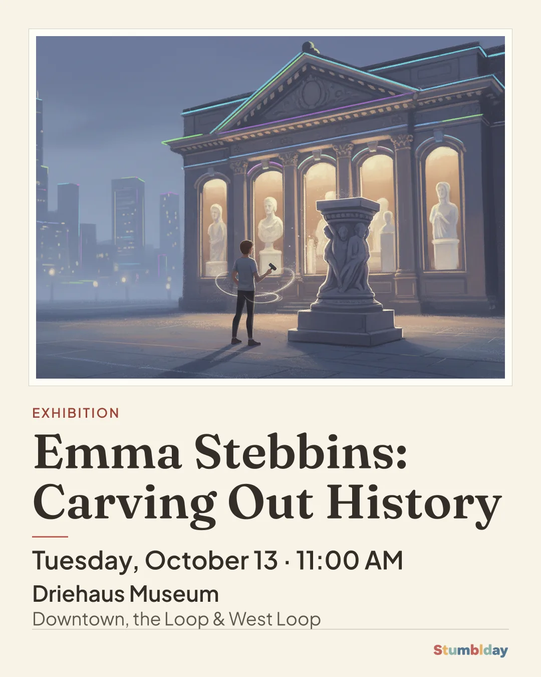 Flyer for Emma Stebbins: Carving Out History: Tuesday, October 13 · 11:00 AM at Driehaus Museum