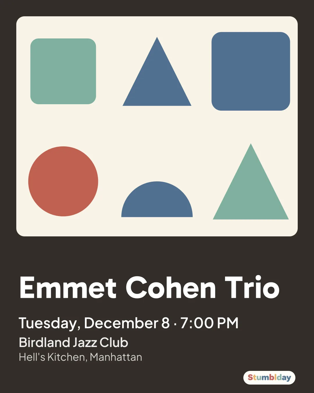 Flyer for Emmet Cohen Trio: Tuesday, December 8 · 7:00 PM at Birdland Jazz Club