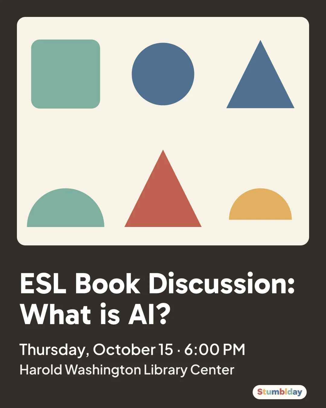 Flyer for ESL Book Discussion: What is AI?: Thursday, October 15 · 6:00 PM at Harold Washington Library Center
