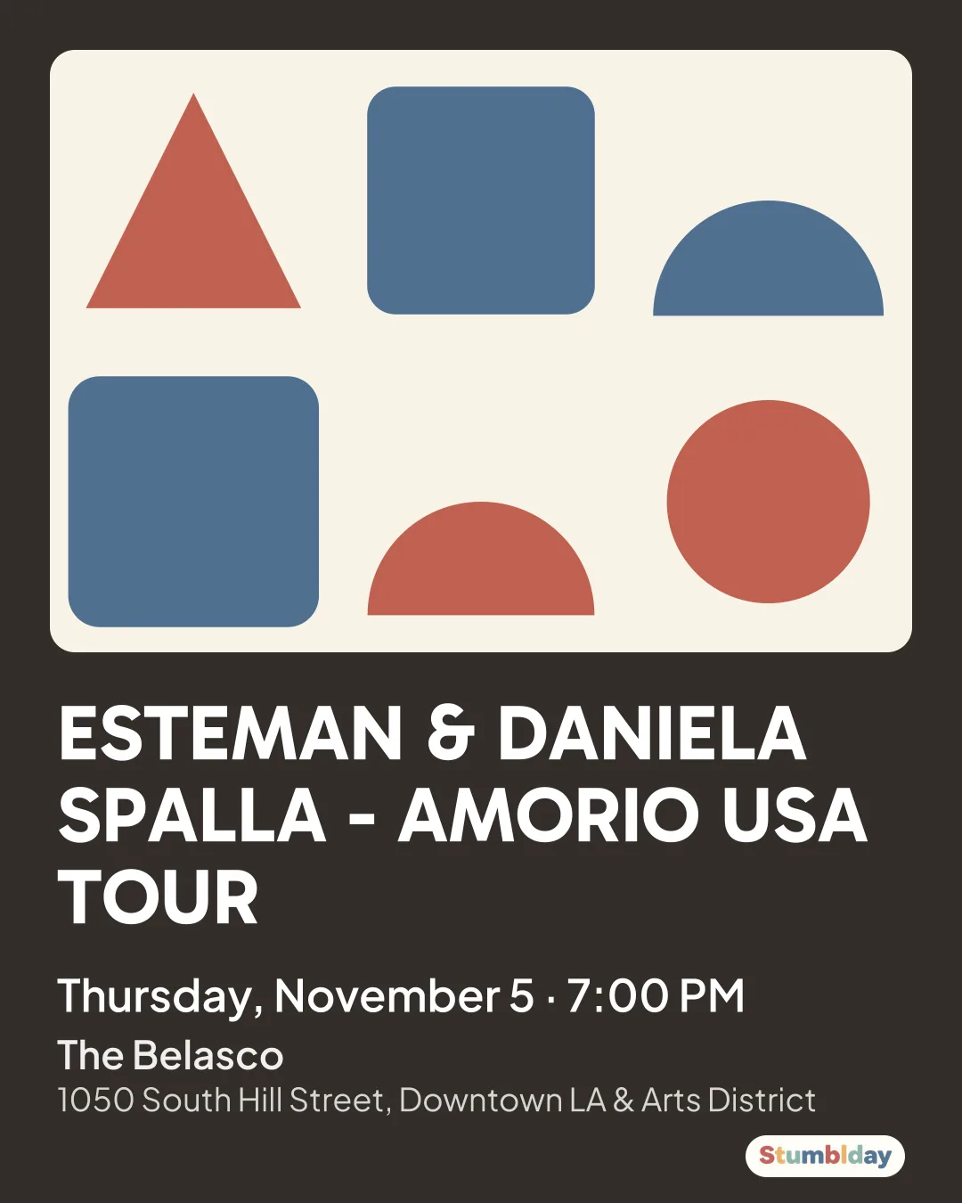 Flyer for ESTEMAN & DANIELA SPALLA - AMORIO USA TOUR: Thursday, November 5 ¡ 7:00 PM at The Belasco