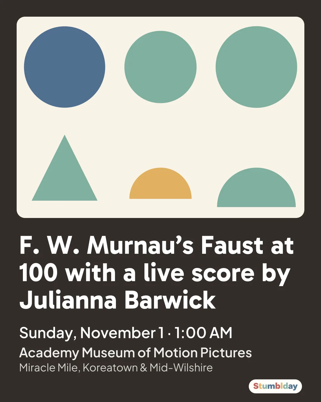 Flyer for F. W. Murnau’s Faust at 100 with a live score by Julianna Barwick: Sunday, November 1 · 1:00 AM at Academy Museum of Motion Pictures