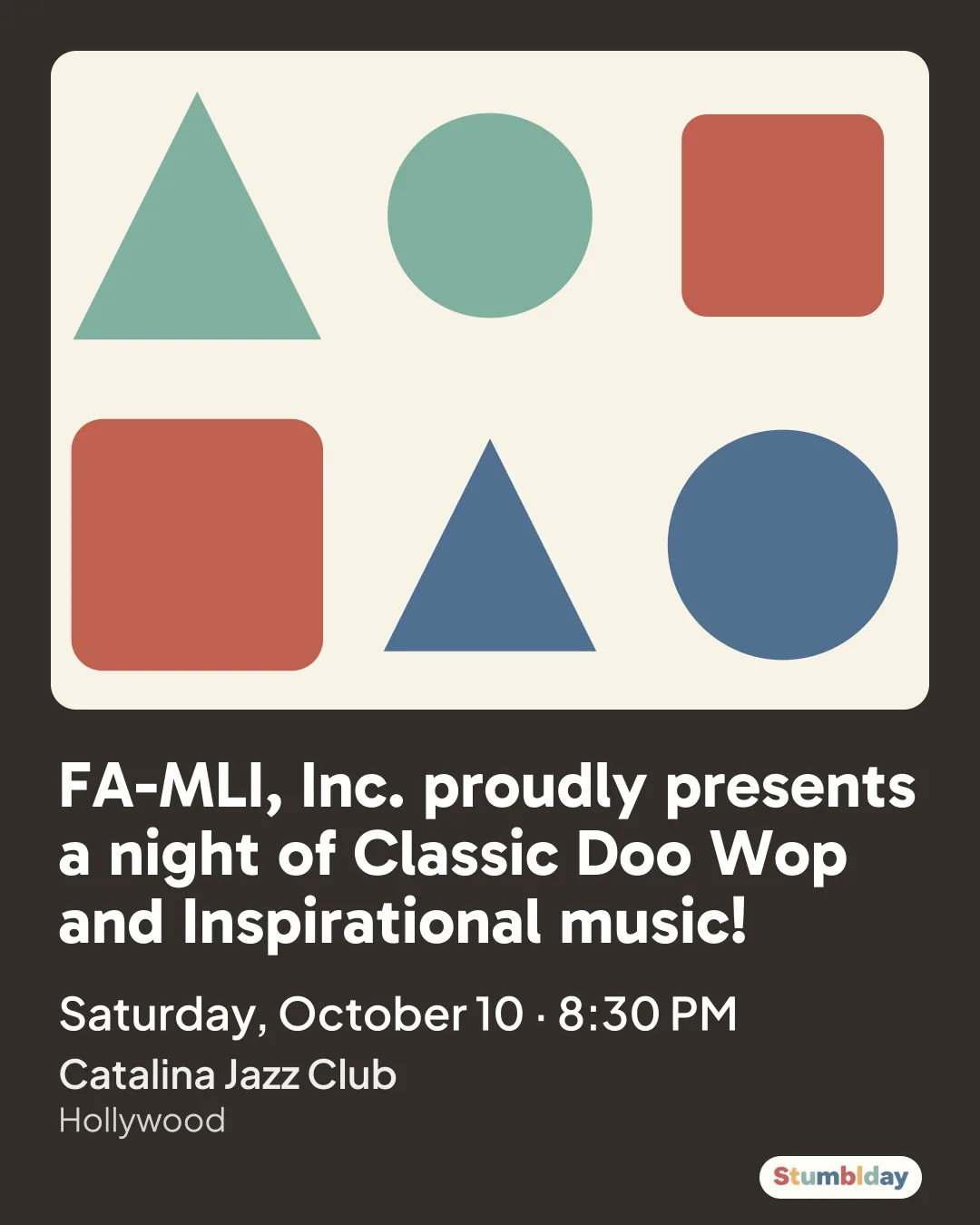 Flyer for FA-MLI, Inc. proudly presents a night of Classic Doo Wop and Inspirational music!: Saturday, October 10 · 8:30 PM at Catalina Jazz Club