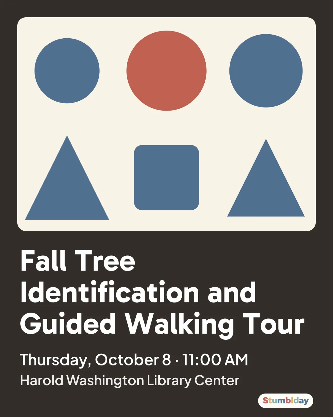 Flyer for Fall Tree Identification and Guided Walking Tour: Thursday, October 8 · 11:00 AM at Harold Washington Library Center