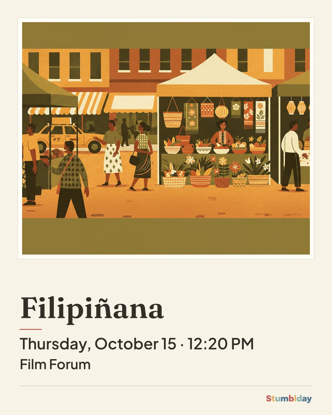 Flyer for Filipiñana: Thursday, October 15 · 12:20 PM at Film Forum
