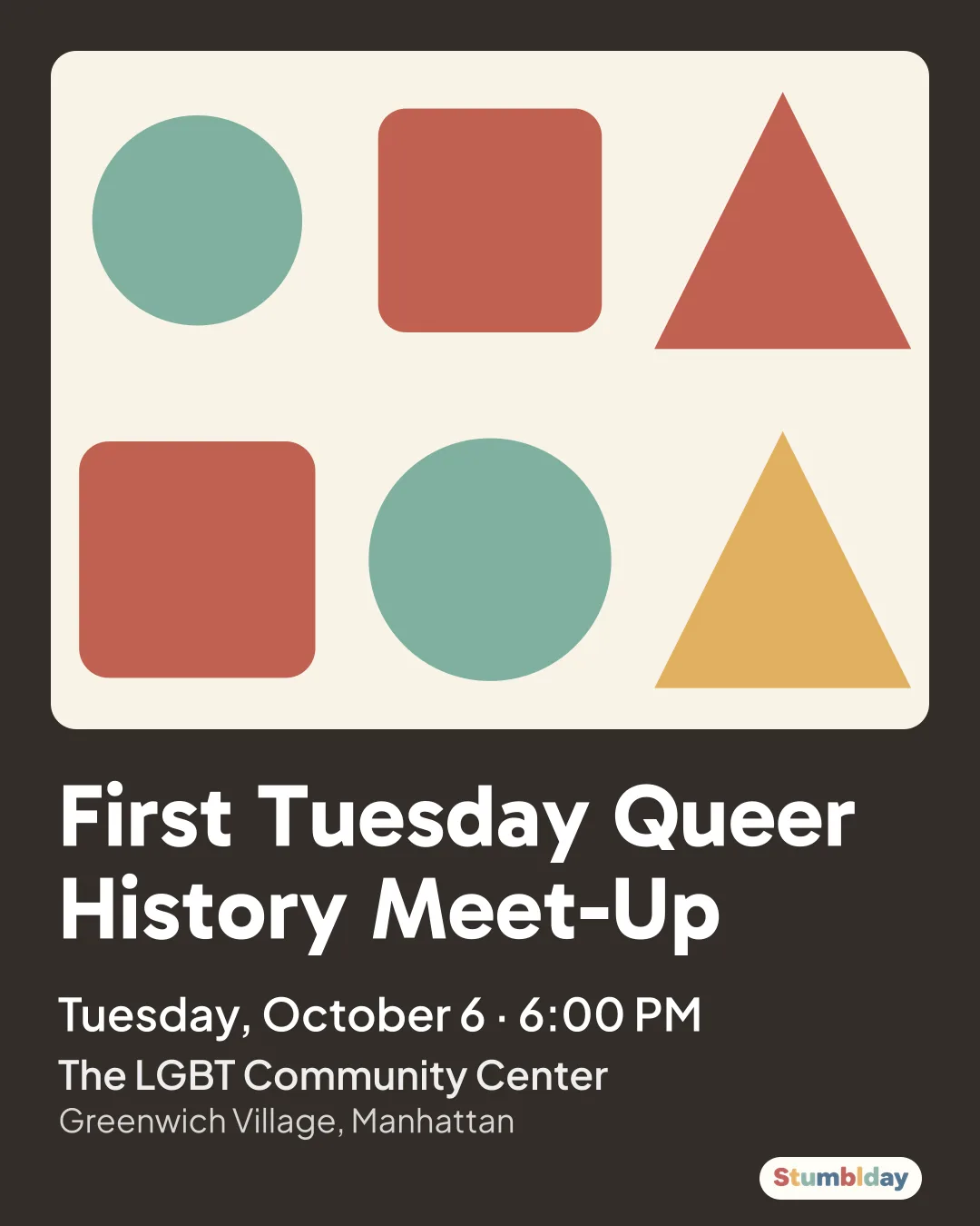 Flyer for First Tuesday Queer History Meet-Up: Tuesday, October 6 · 6:00 PM at The LGBT Community Center