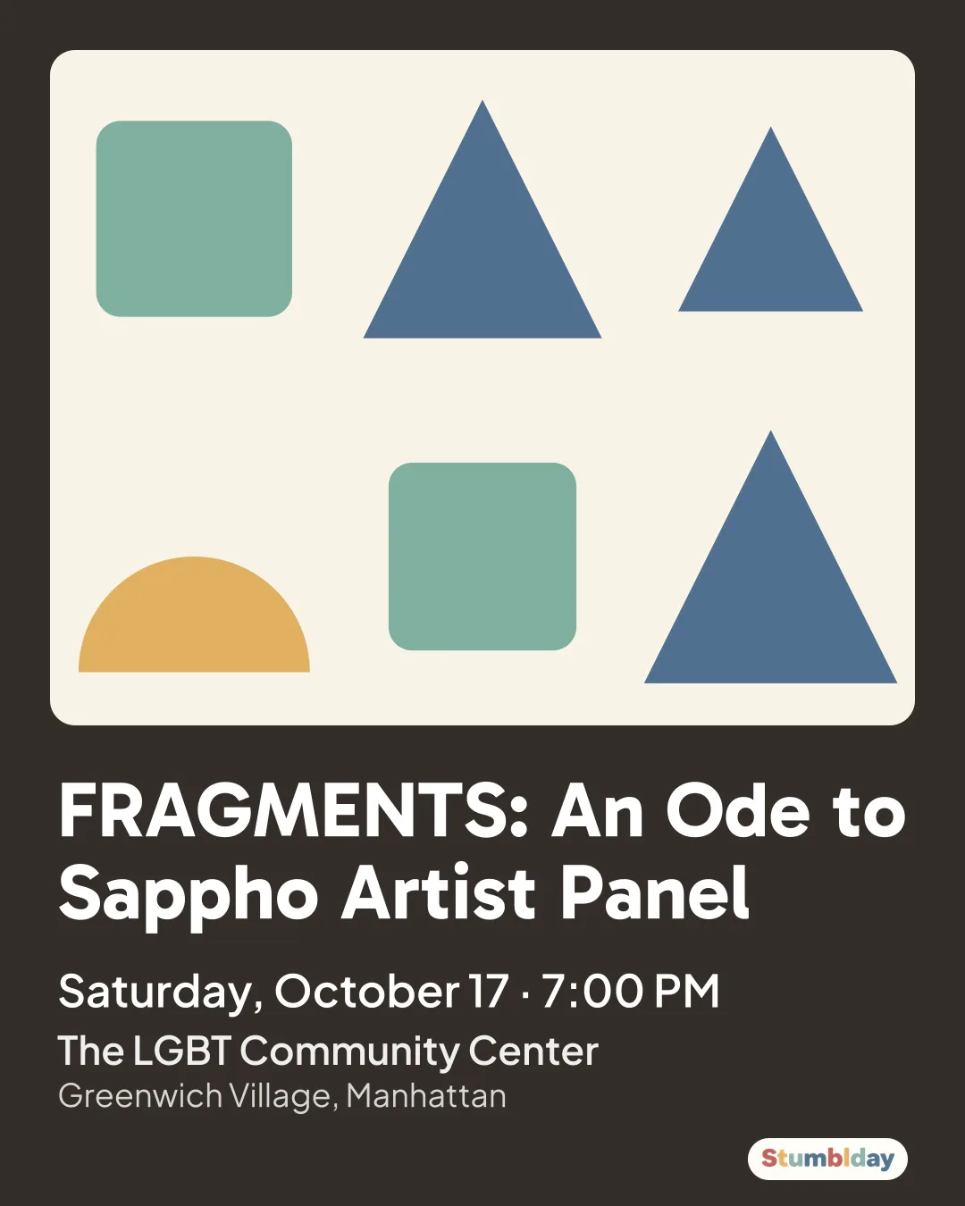 Flyer for FRAGMENTS: An Ode to Sappho Artist Panel: Saturday, October 17 · 7:00 PM at The LGBT Community Center