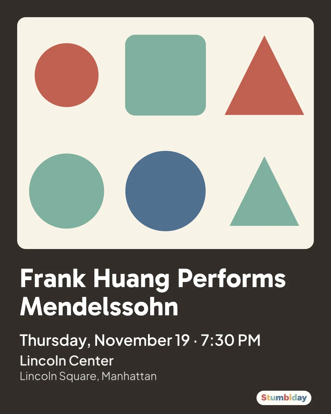 Flyer for Frank Huang Performs Mendelssohn: Thursday, November 19 · 7:30 PM at Lincoln Center