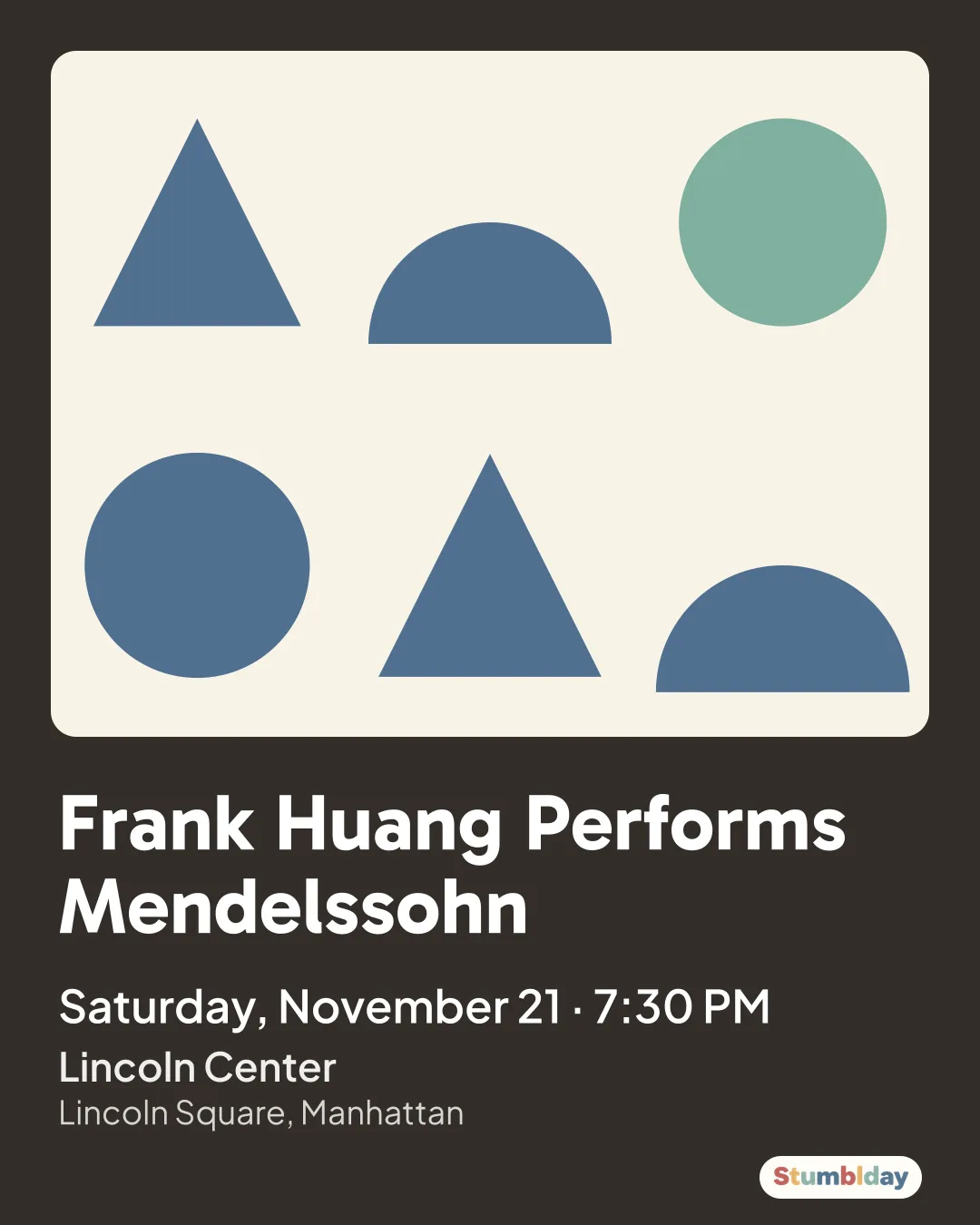 Flyer for Frank Huang Performs Mendelssohn: Saturday, November 21 · 7:30 PM at Lincoln Center