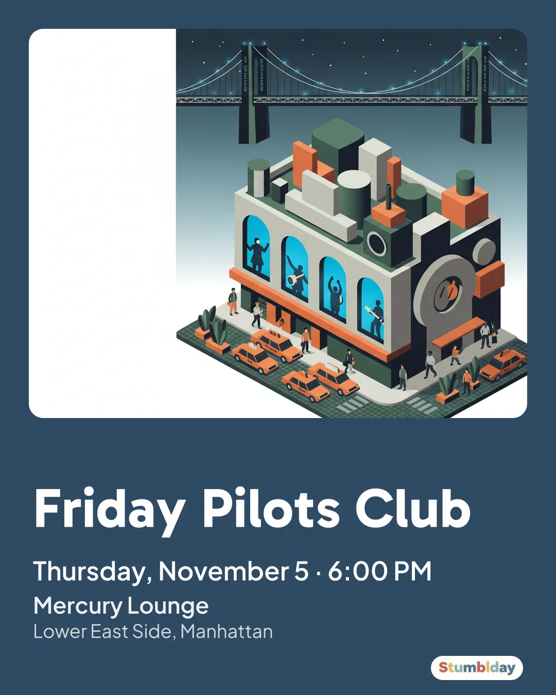Flyer for Friday Pilots Club: Thursday, November 5 · 6:00 PM at Mercury Lounge