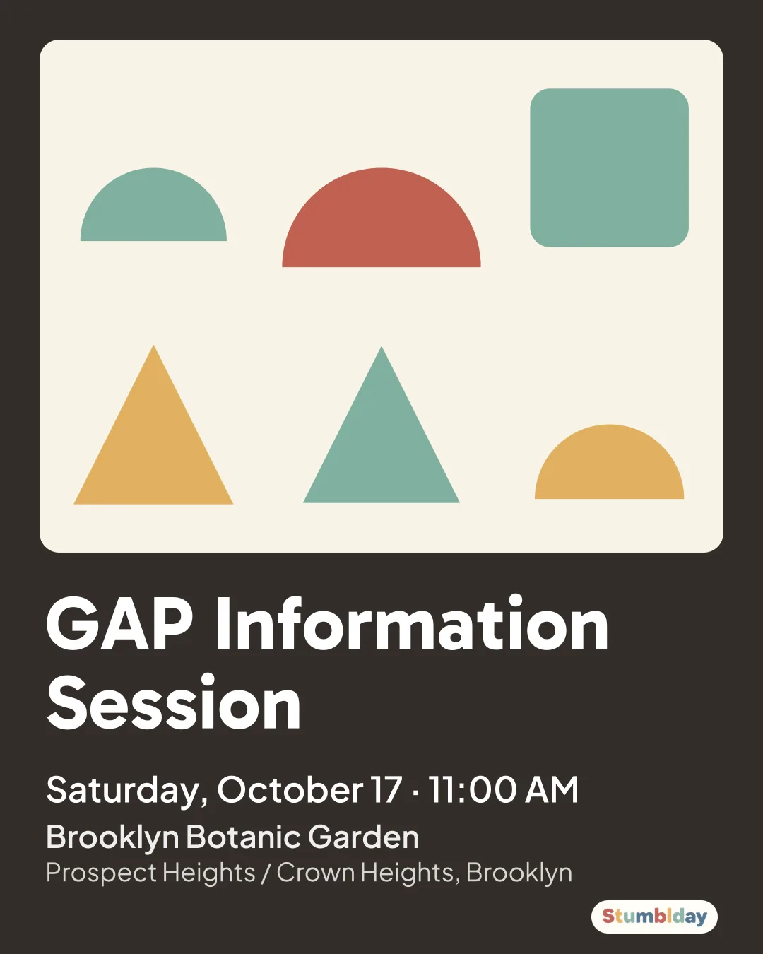 Flyer for GAP Information Session: Saturday, October 17 · 11:00 AM at Brooklyn Botanic Garden