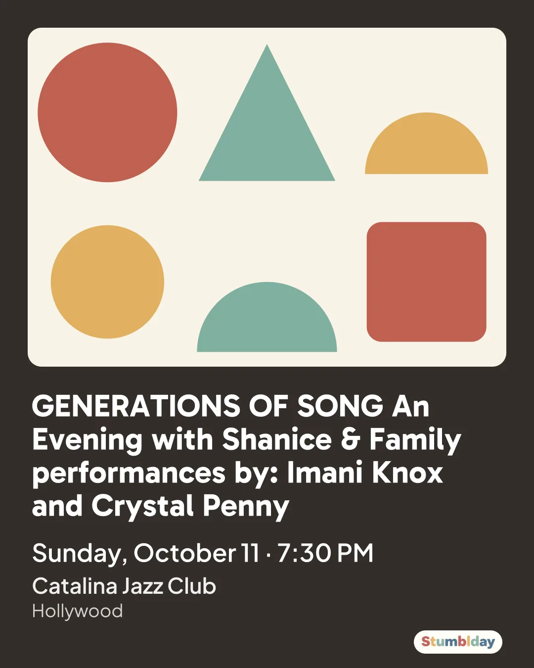 Flyer for GENERATIONS OF SONG An Evening with Shanice & Family performances by: Imani Knox and Crystal Penny: Sunday, October 11 · 7:30 PM at Catalina Jazz Club