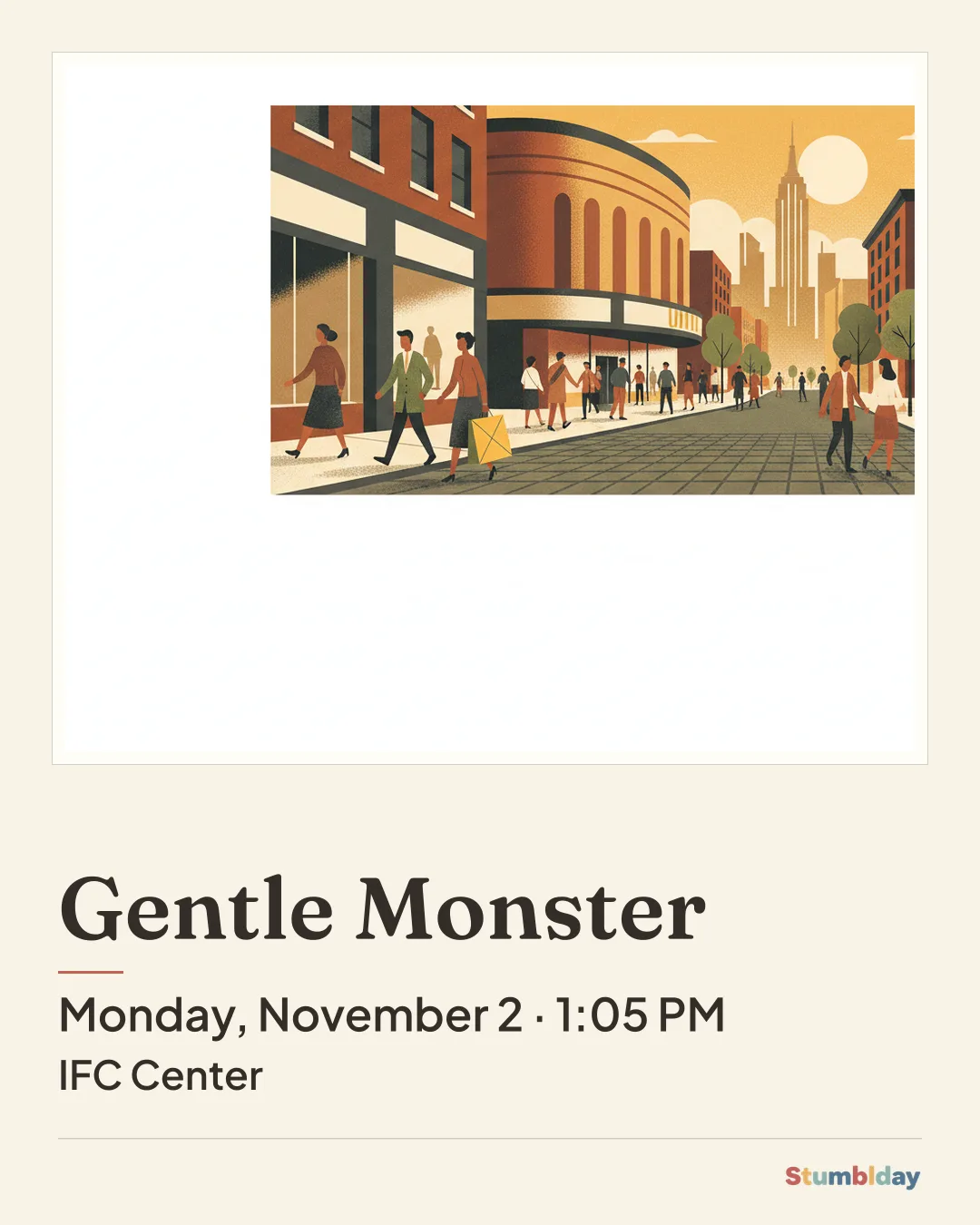 Flyer for Gentle Monster: Monday, November 2 · 1:05 PM at IFC Center