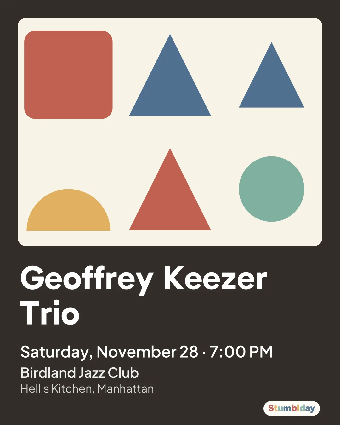 Flyer for Geoffrey Keezer Trio: Saturday, November 28 · 7:00 PM at Birdland Jazz Club