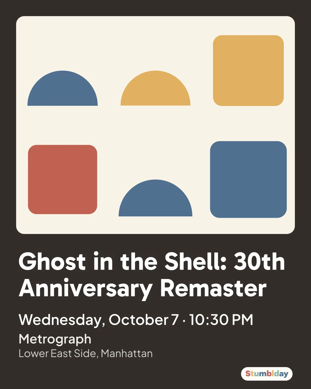 Flyer for Ghost in the Shell: 30th Anniversary Remaster: Wednesday, October 7 · 10:30 PM at Metrograph