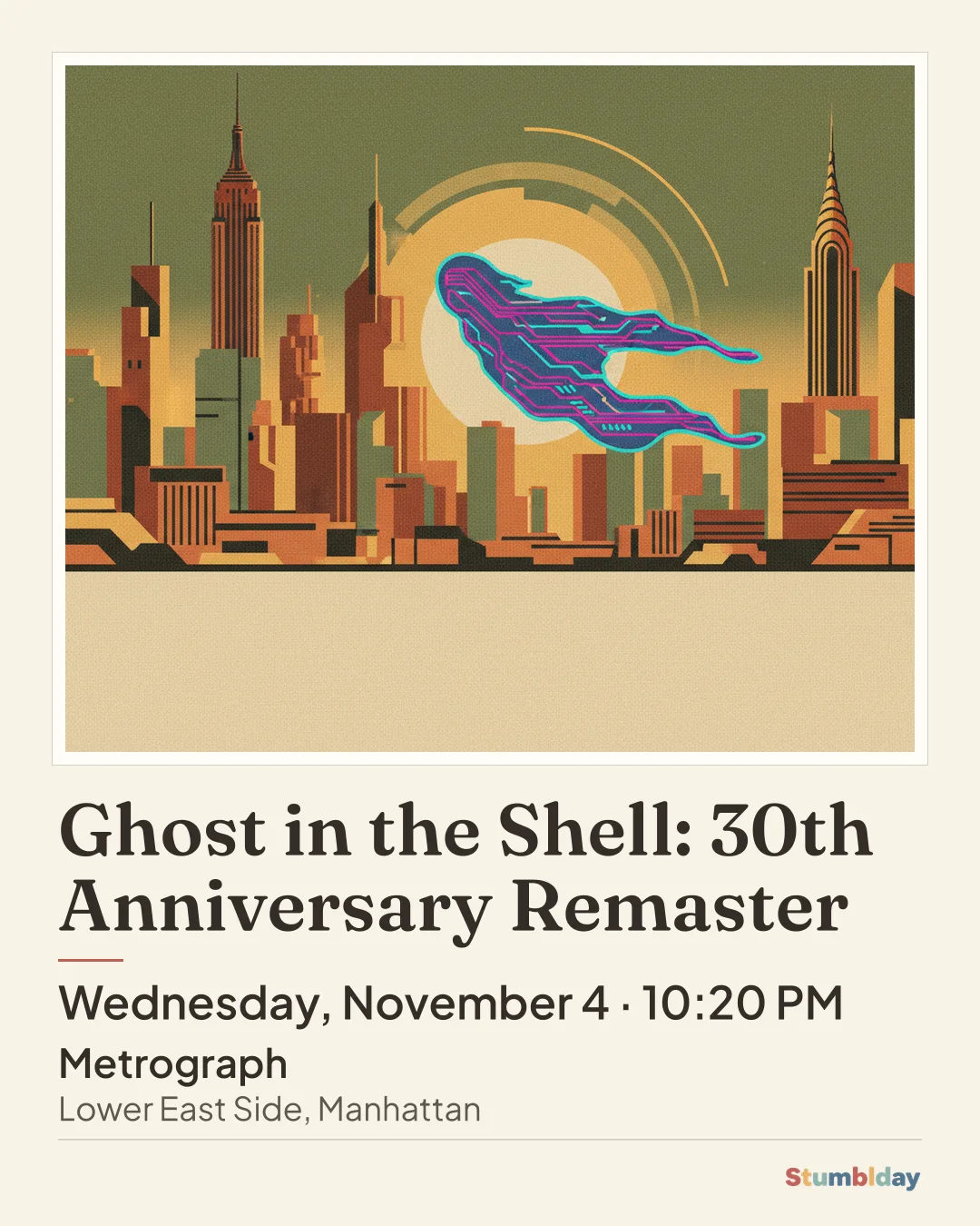 Flyer for Ghost in the Shell: 30th Anniversary Remaster: Wednesday, November 4 · 10:20 PM at Metrograph