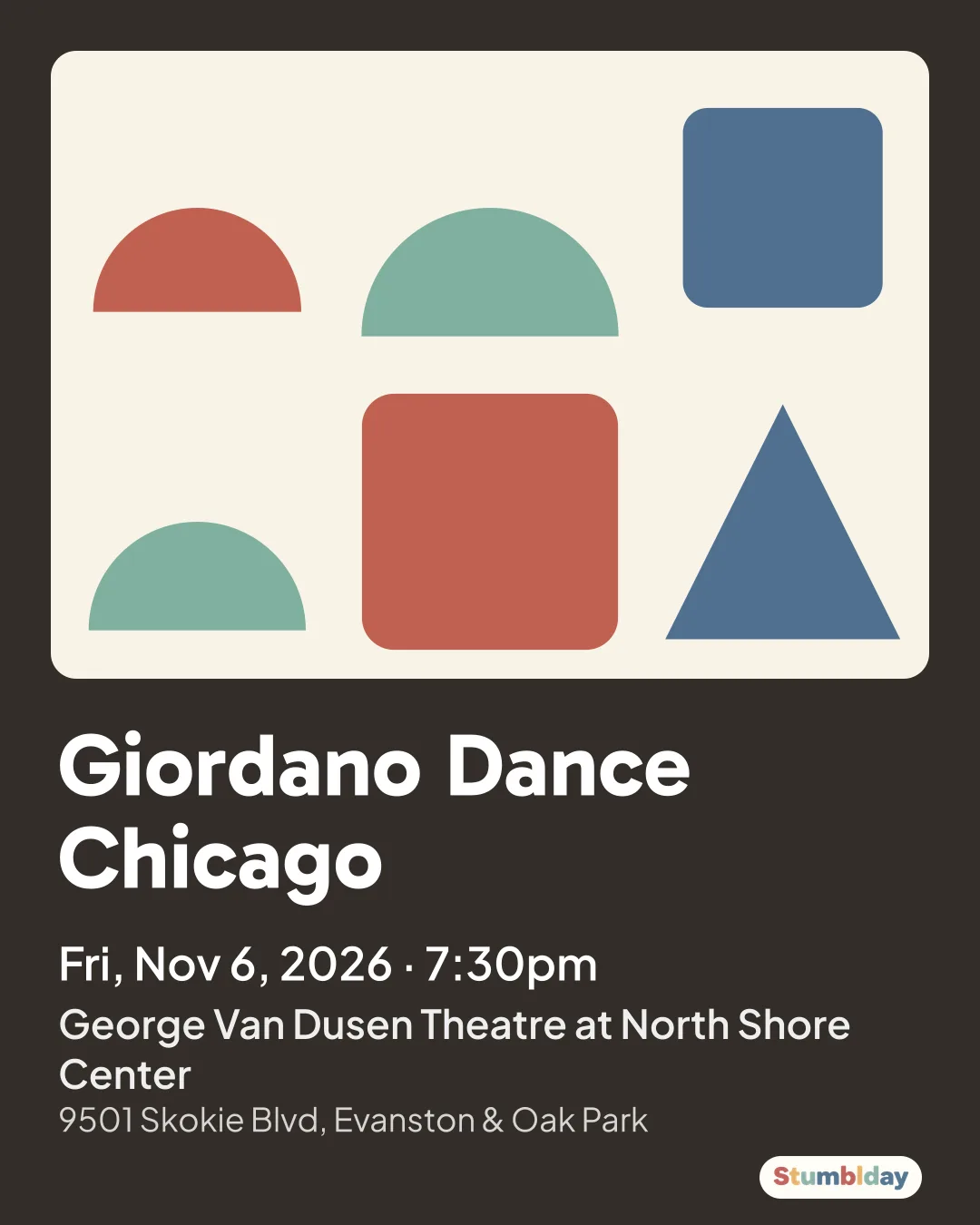 Flyer for Giordano Dance Chicago: Fri, Nov 6, 2026 · 7:30pm at George Van Dusen Theatre at North Shore Center