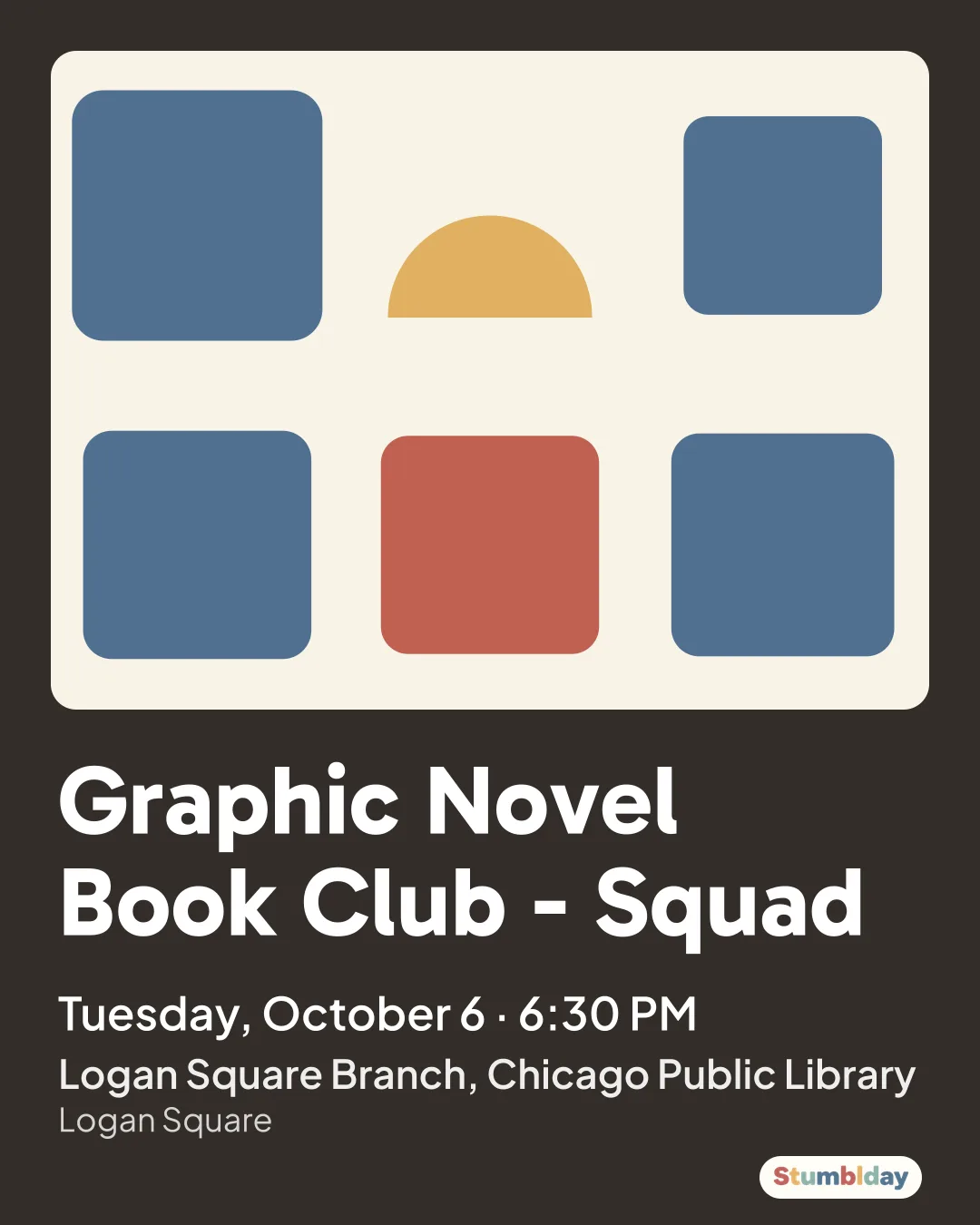 Flyer for Graphic Novel Book Club - Squad: Tuesday, October 6 · 6:30 PM at Logan Square Branch, Chicago Public Library