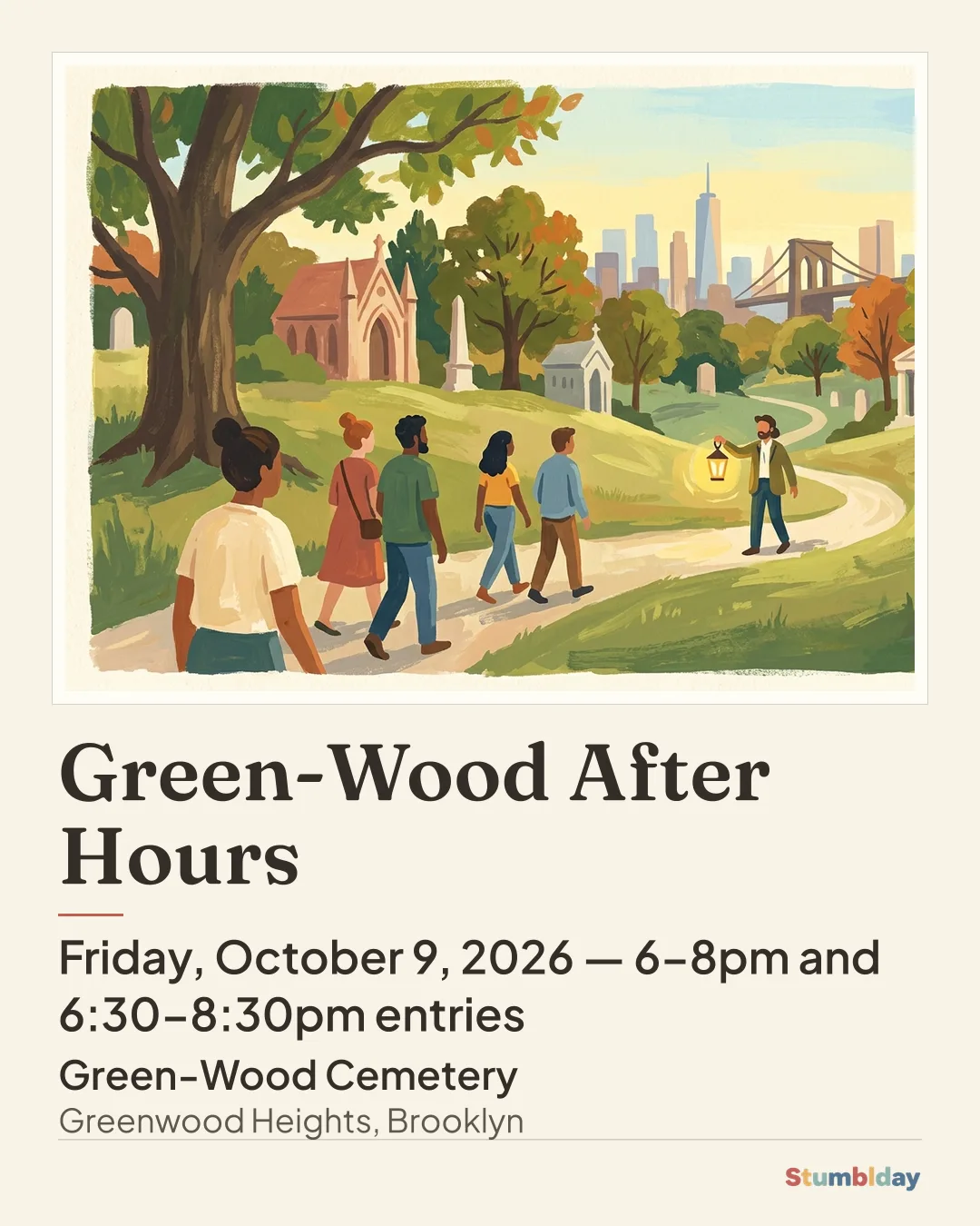 Flyer for Green-Wood After Hours: Friday, October 9, 2026 — 6–8pm and 6:30–8:30pm entries at Green-Wood Cemetery