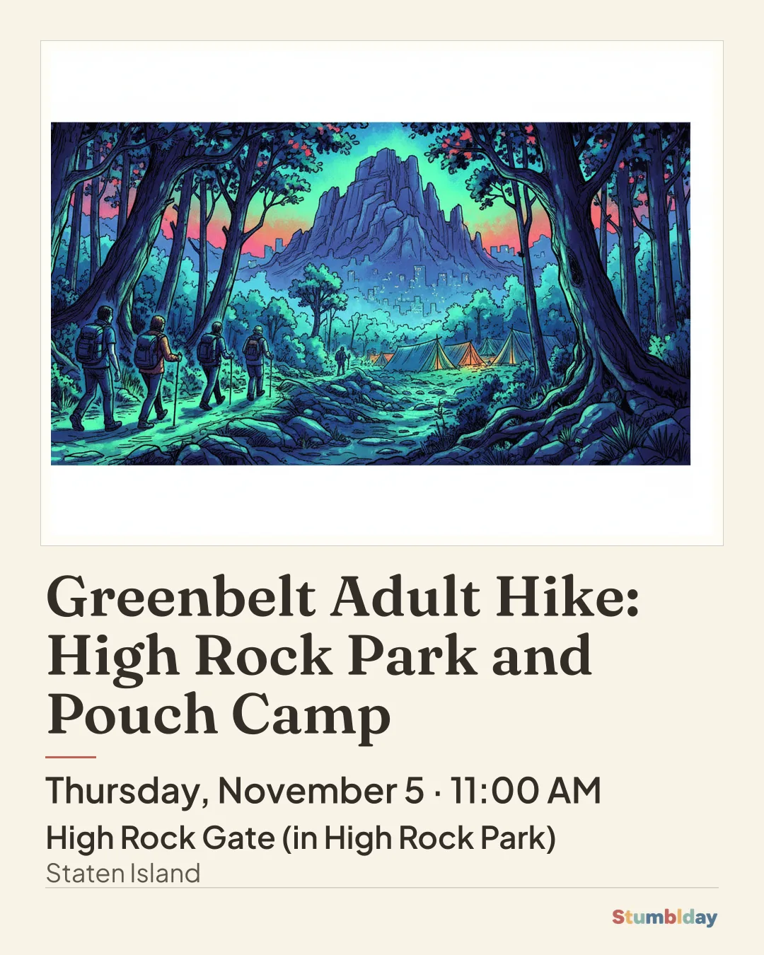 Flyer for Greenbelt Adult Hike: High Rock Park and Pouch Camp: Thursday, November 5 · 11:00 AM at High Rock Gate (in High Rock Park)