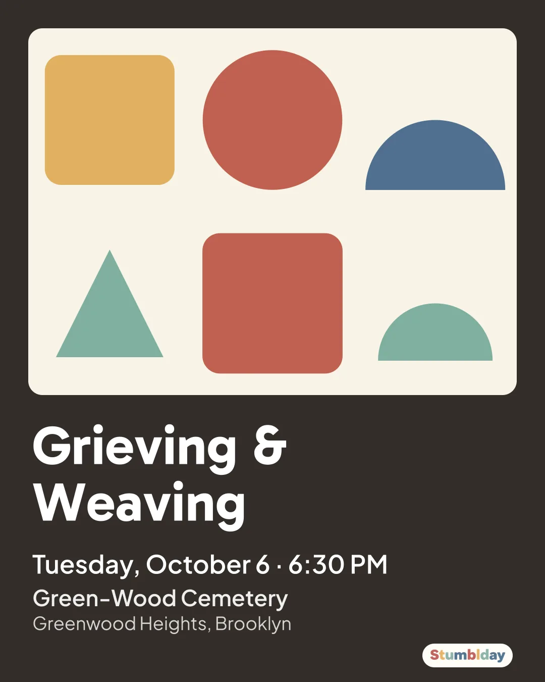 Flyer for Grieving & Weaving: Tuesday, October 6 · 6:30 PM at Green-Wood Cemetery