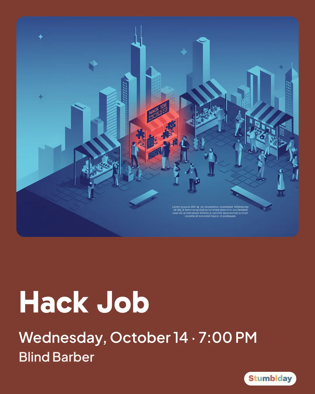Flyer for Hack Job: Wednesday, October 14 · 7:00 PM at Blind Barber
