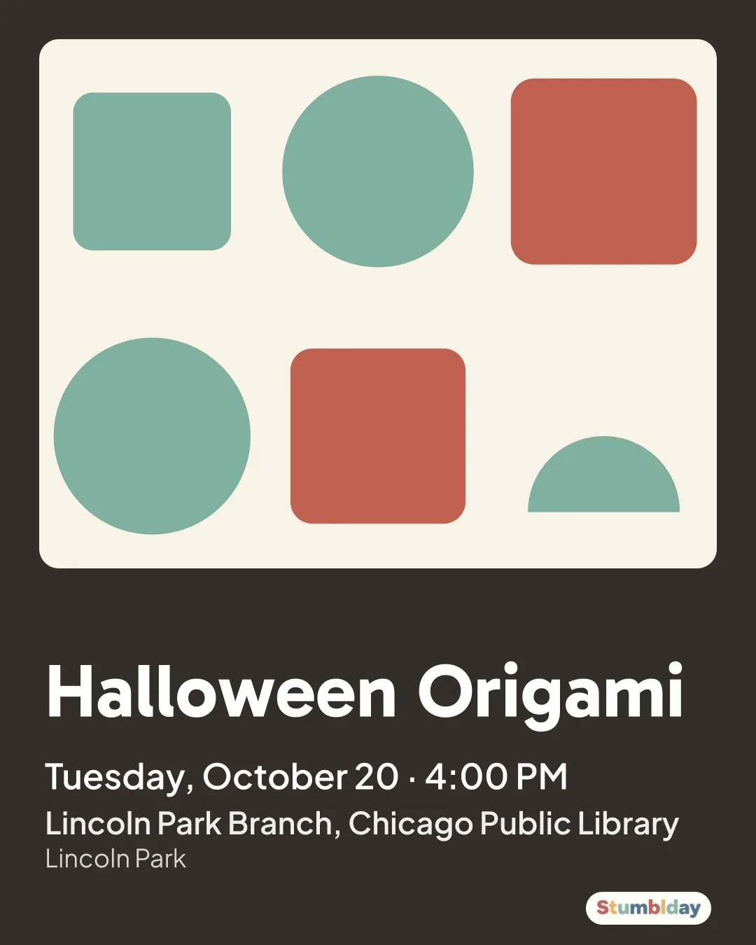 Flyer for Halloween Origami: Tuesday, October 20 · 4:00 PM at Lincoln Park Branch, Chicago Public Library