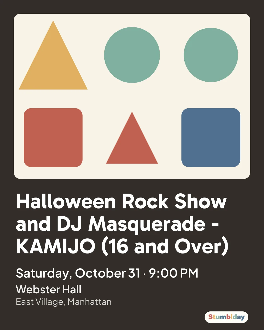 Flyer for Halloween Rock Show and DJ Masquerade - KAMIJO (16 and Over): Saturday, October 31 · 9:00 PM at Webster Hall