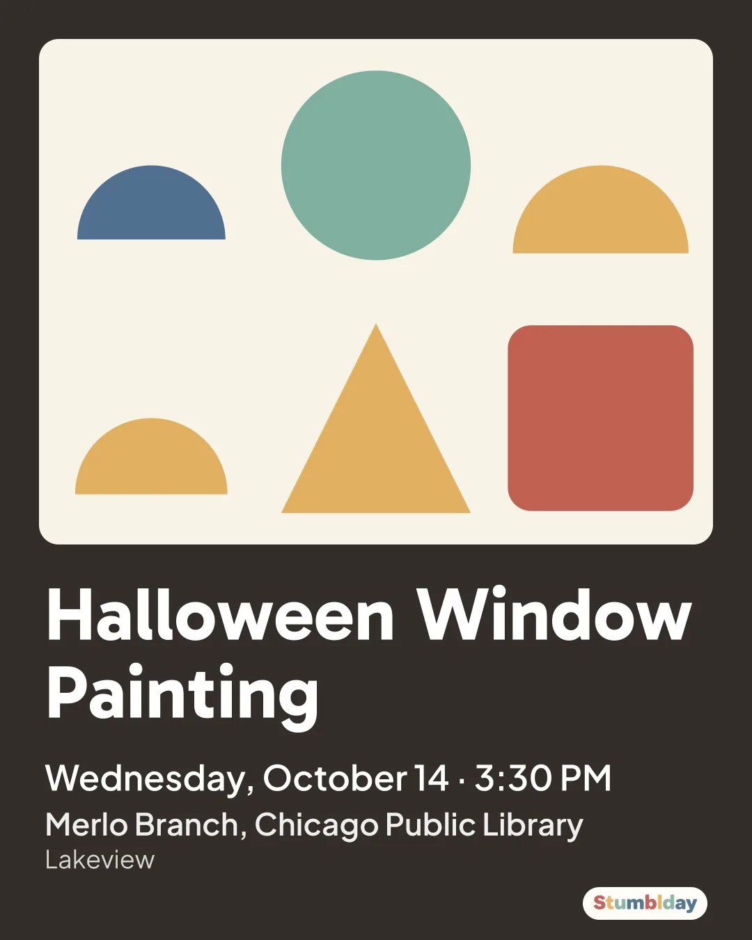 Flyer for Halloween Window Painting: Wednesday, October 14 · 3:30 PM at Merlo Branch, Chicago Public Library