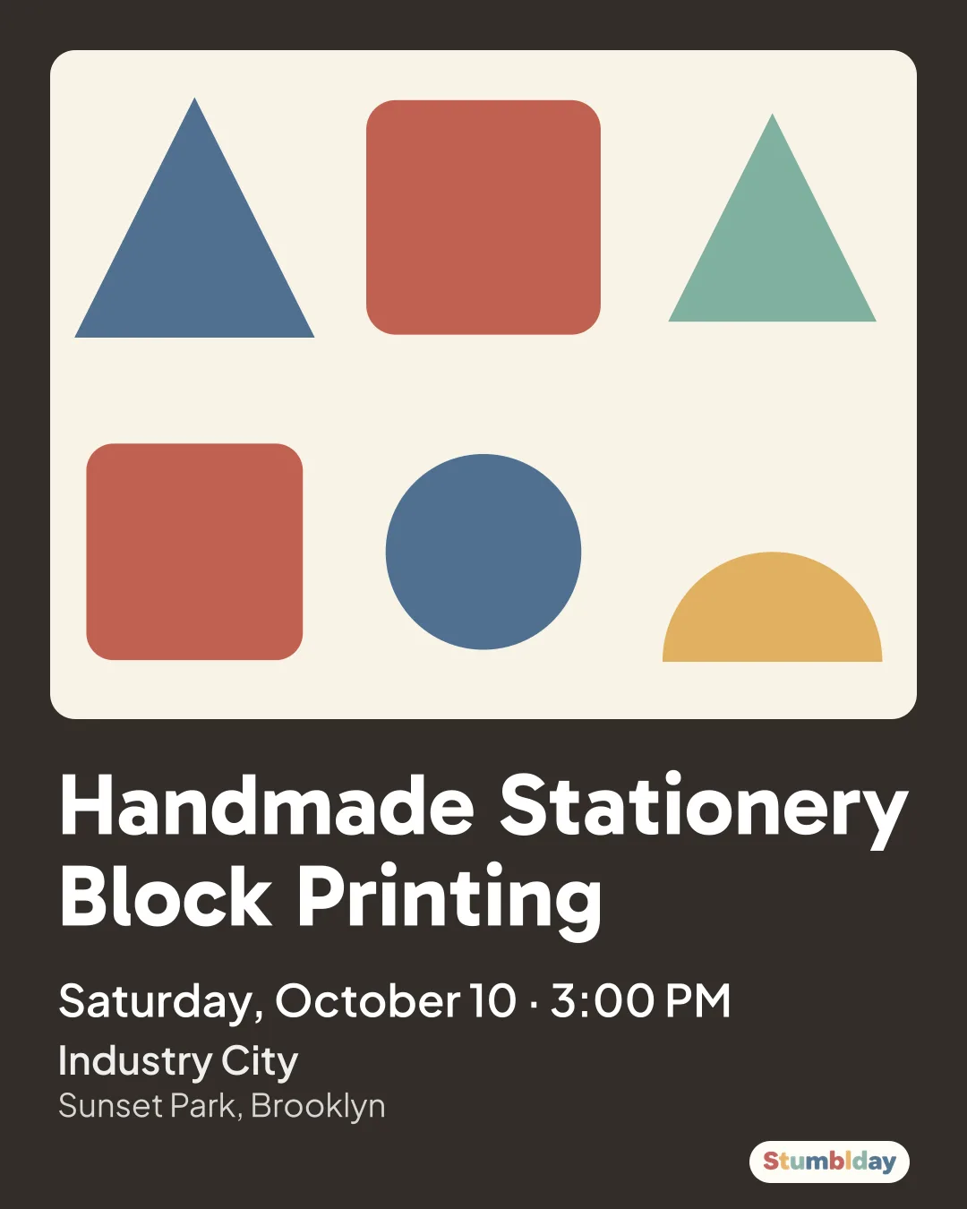 Flyer for Handmade Stationery Block Printing: Saturday, October 10 · 3:00 PM at Industry City