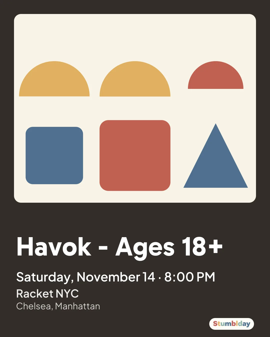 Flyer for Havok - Ages 18+: Saturday, November 14 · 8:00 PM at Racket NYC