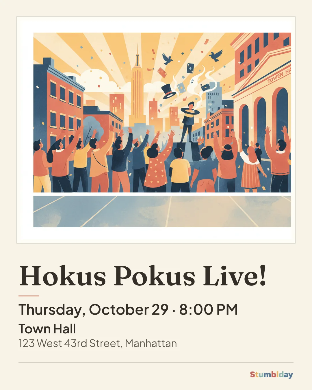Flyer for Hokus Pokus Live!: Thursday, October 29 · 8:00 PM at Town Hall