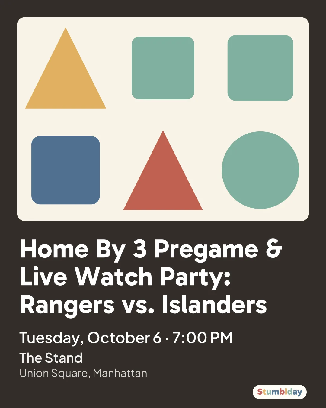 Flyer for Home By 3 Pregame & Live Watch Party: Rangers vs. Islanders: Tuesday, October 6 · 7:00 PM at The Stand