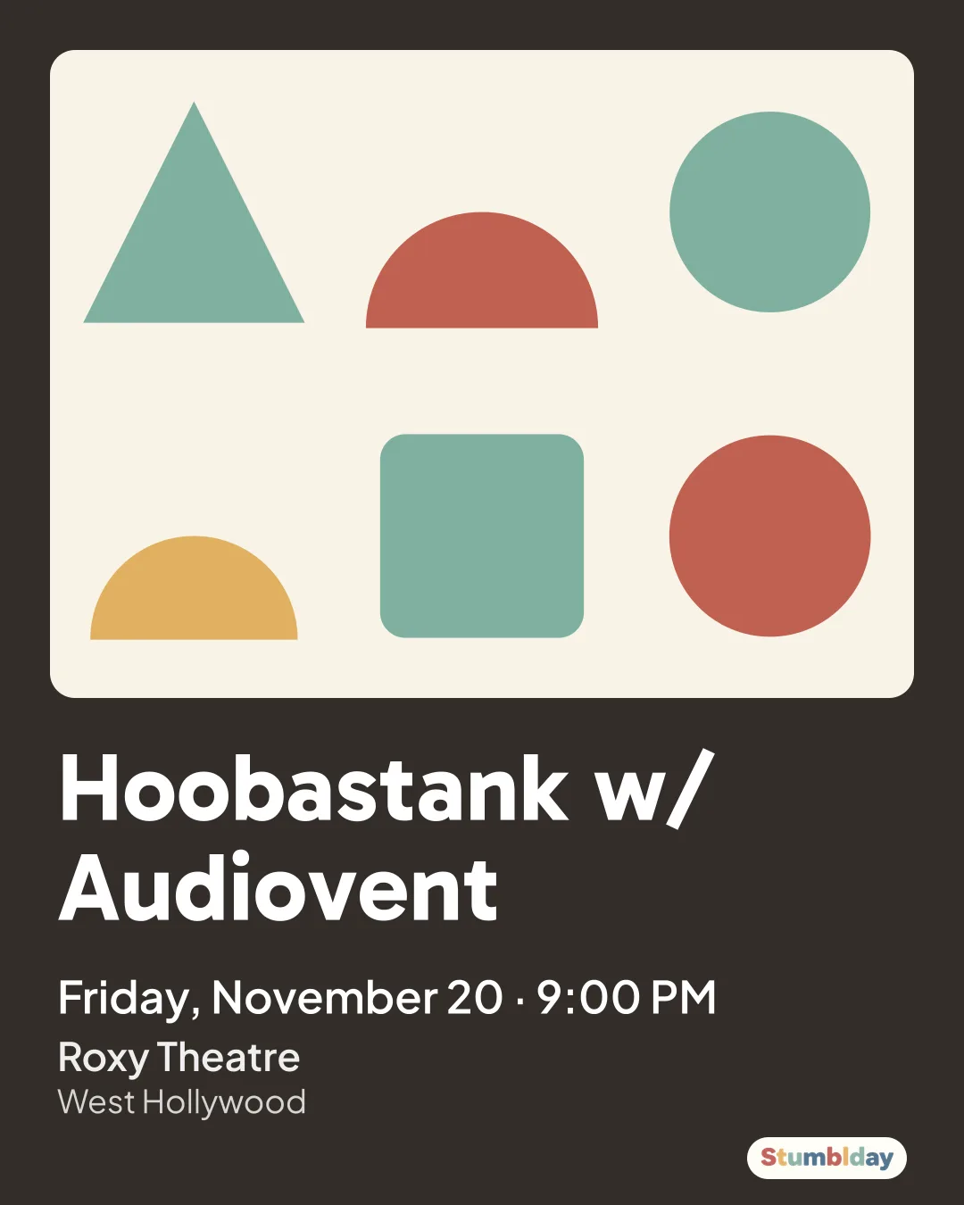 Flyer for Hoobastank w/ Audiovent: Friday, November 20 · 9:00 PM at Roxy Theatre