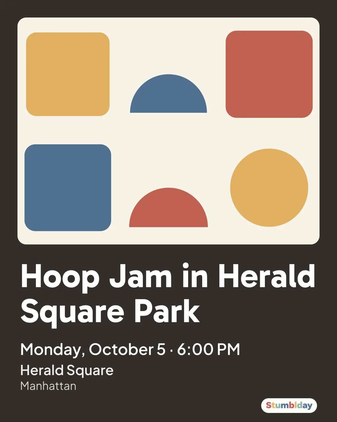 Flyer for Hoop Jam in Herald Square Park: Monday, October 5 · 6:00 PM at Herald Square