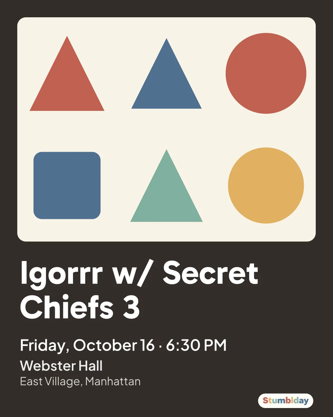 Flyer for Igorrr w/ Secret Chiefs 3: Friday, October 16 · 6:30 PM at Webster Hall