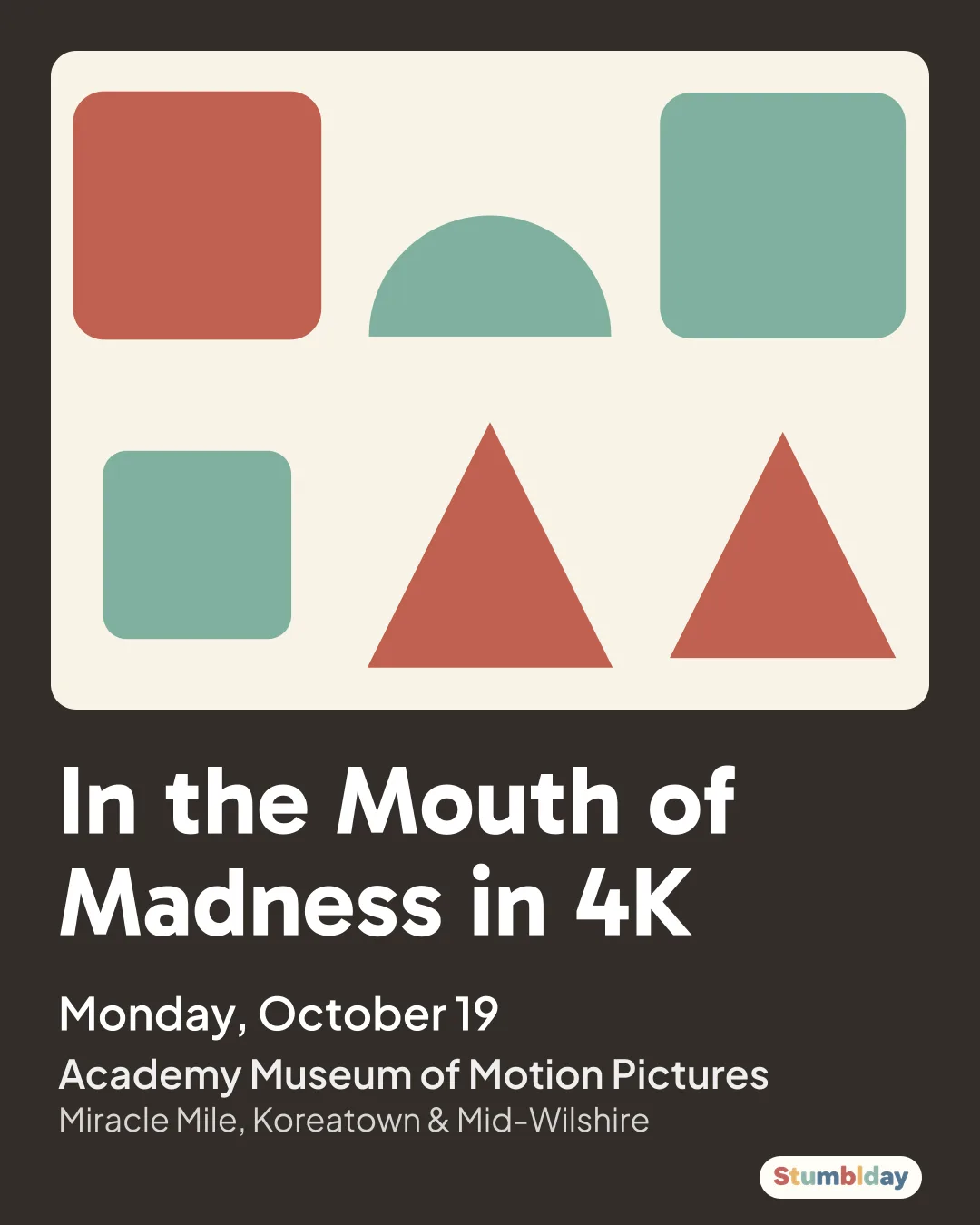 Flyer for In the Mouth of Madness in 4K: Monday, October 19 at Academy Museum of Motion Pictures